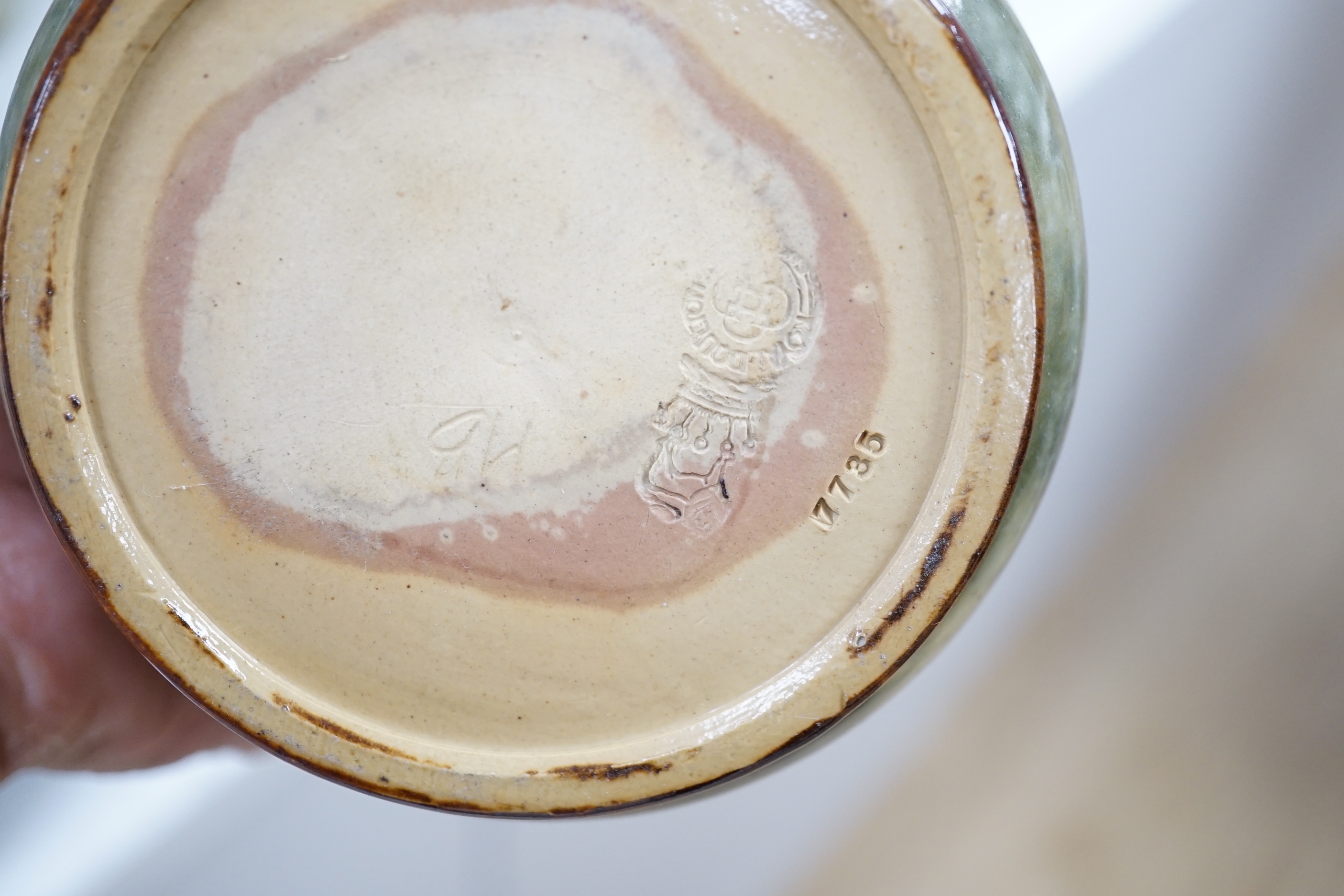 A quantity of mixed studio pottery, two Doulton vases, a large Bourne mug, a Roman style lamp, etc (19)
